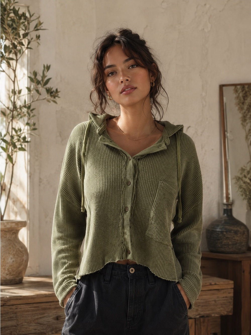 Green Waffle Knit Button-Up top